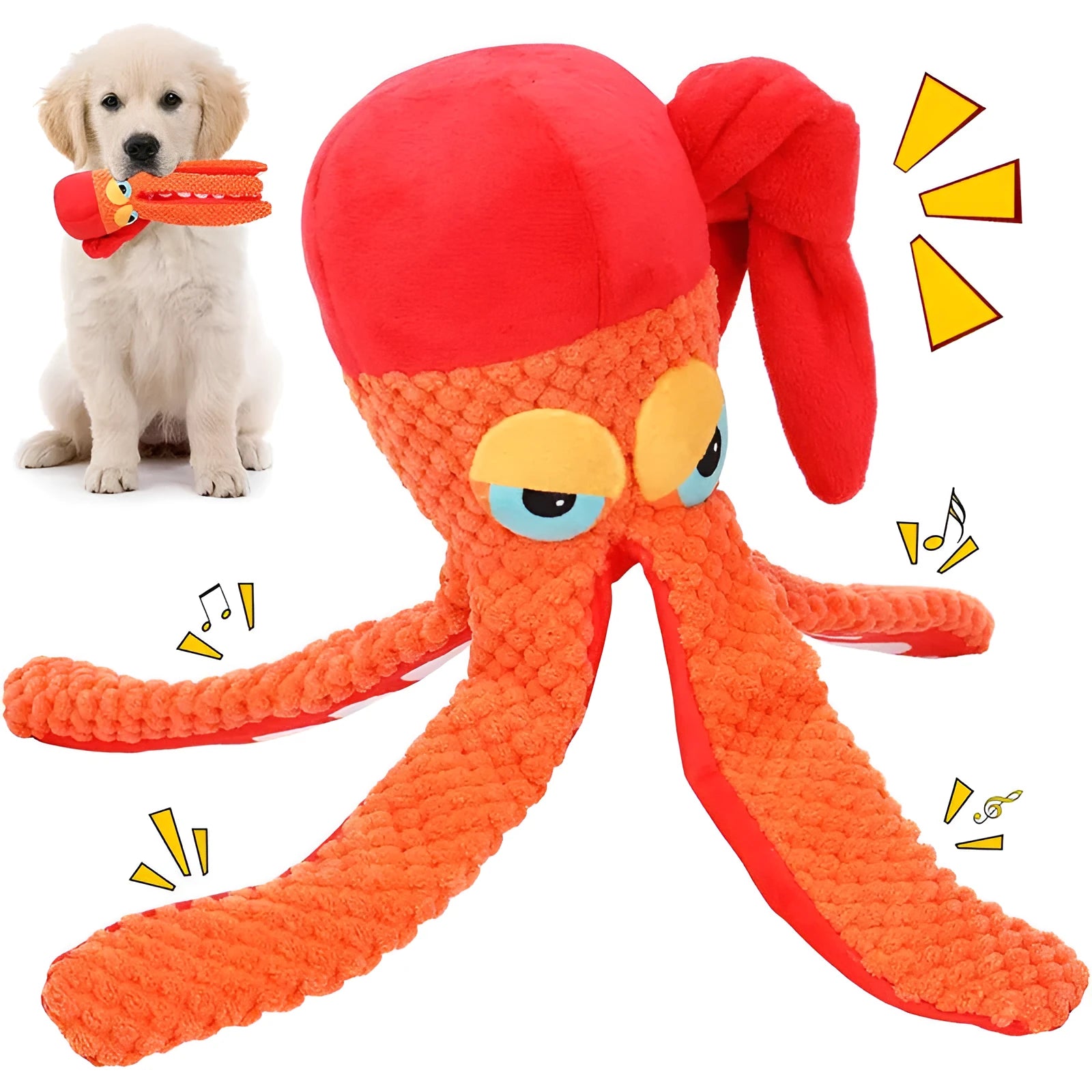 Orange octopus plush dog chew toy with tentacles for dental cleaning and hidden squeaker