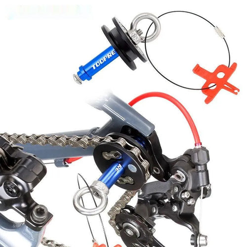 Aluminum alloy bicycle chain holder and stopper tool for maintenance and washing.