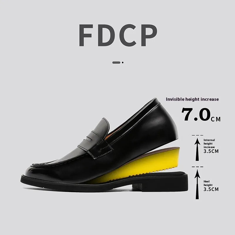 Black men's classic slip-on derby leather shoes with a rubber sole on a white background