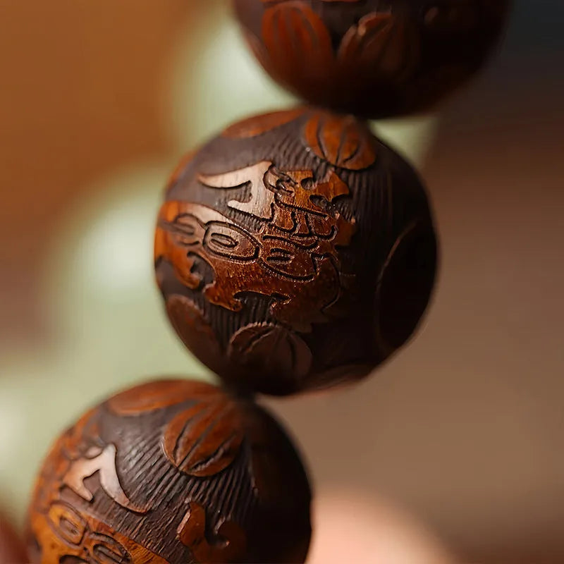 Unisex Amass Fortunes rosewood flexible ring bracelet with Fu carving on 20mm beads