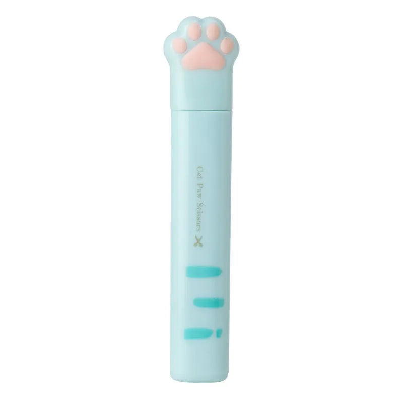 Set of four mini folding scissors with cat paw design in black, blue, pink, and white colours on a plain surface.