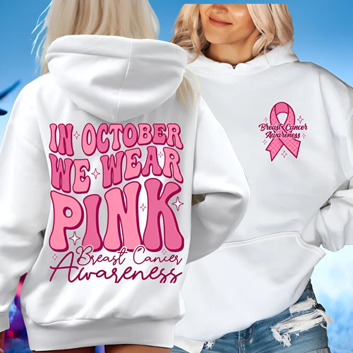 Pink Breast Cancer Awareness hoodie with retro design and side pocket