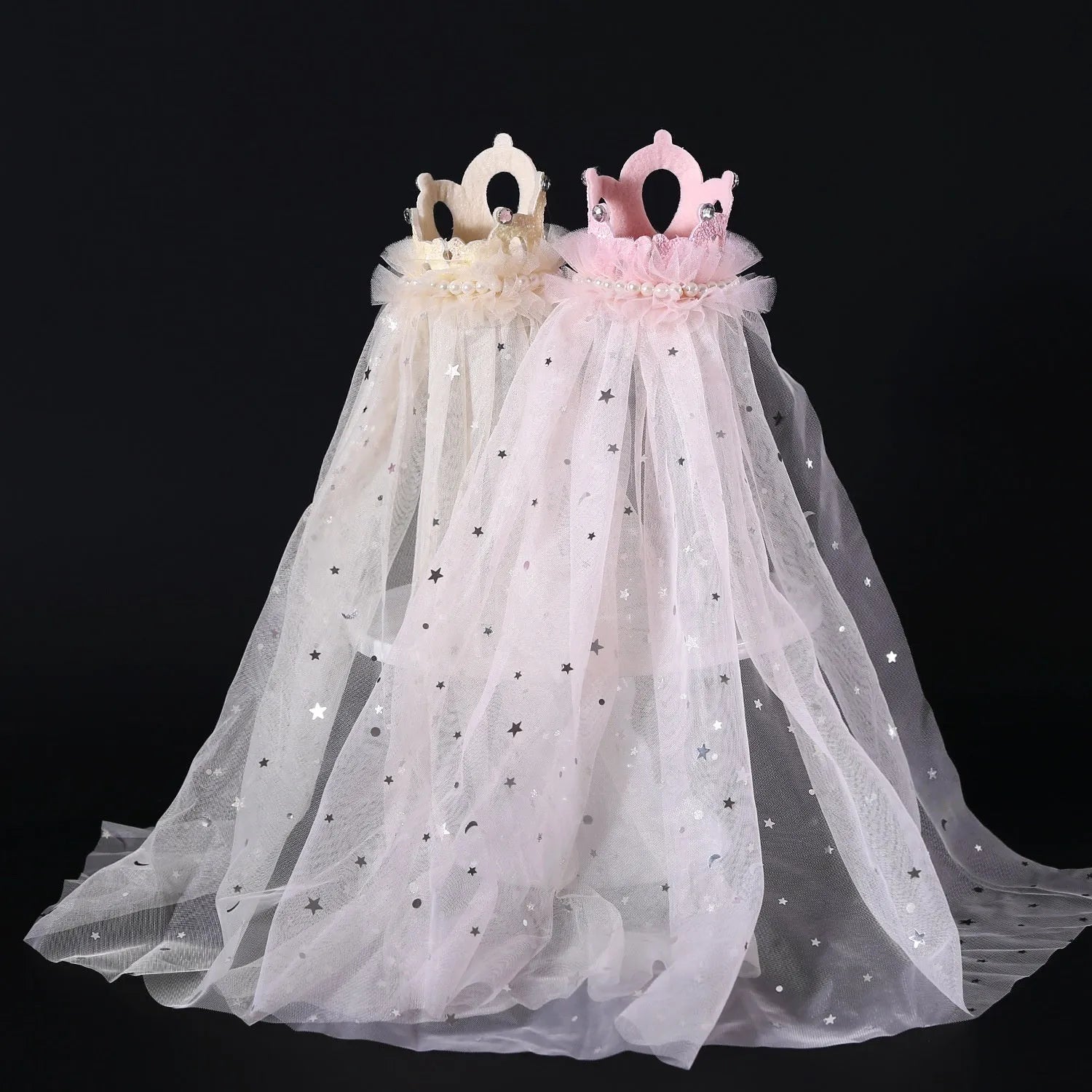 Cat wearing princess crown headdress with veil in beige and pink colour options for wedding or party costume