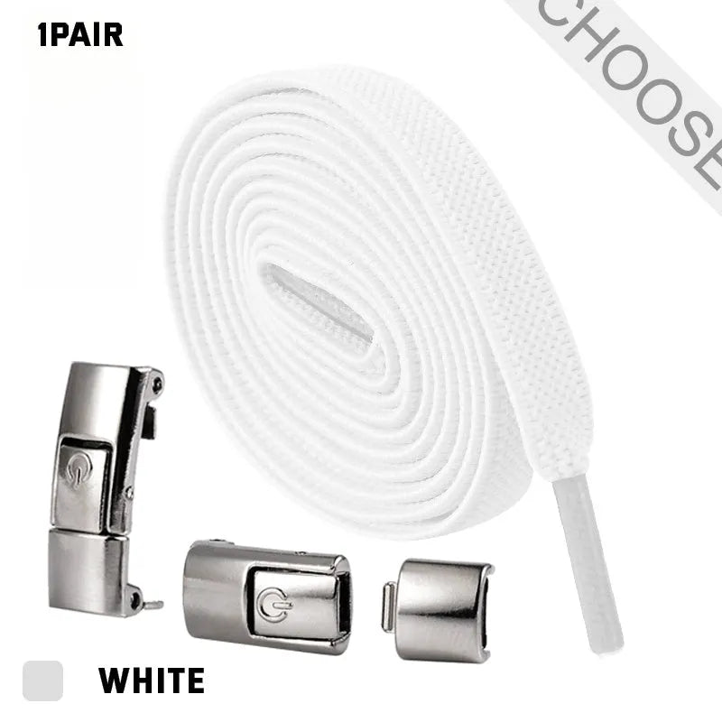 Set of press lock elastic no-tie shoelaces in 8mm widened flat design on a white background.