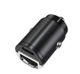 Black mini 30W car cigarette lighter charger with USB-C port for PD and QC fast charging