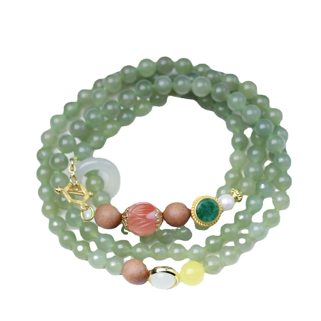 Natural Hetian jade and red lotus beads necklace and bracelet set with white sandalwood and beeswax.