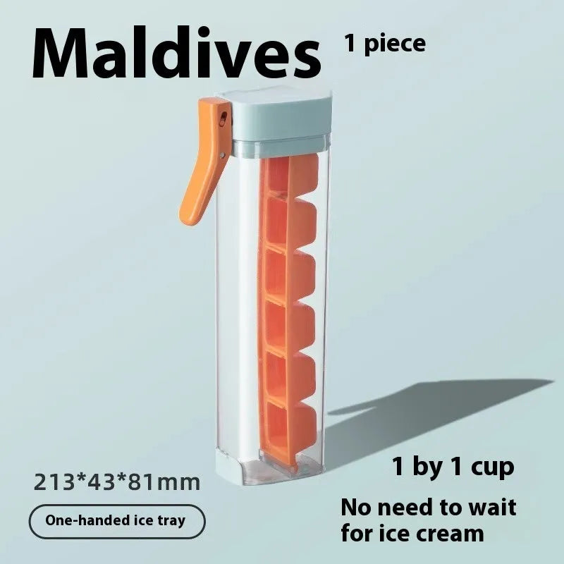 Flexible ice cube tray in Maldives colour with one-touch release and storage box on white surface