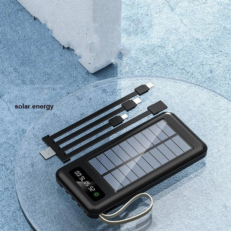 Cool black and ivory white solar power bank with capacity display and charging cable.