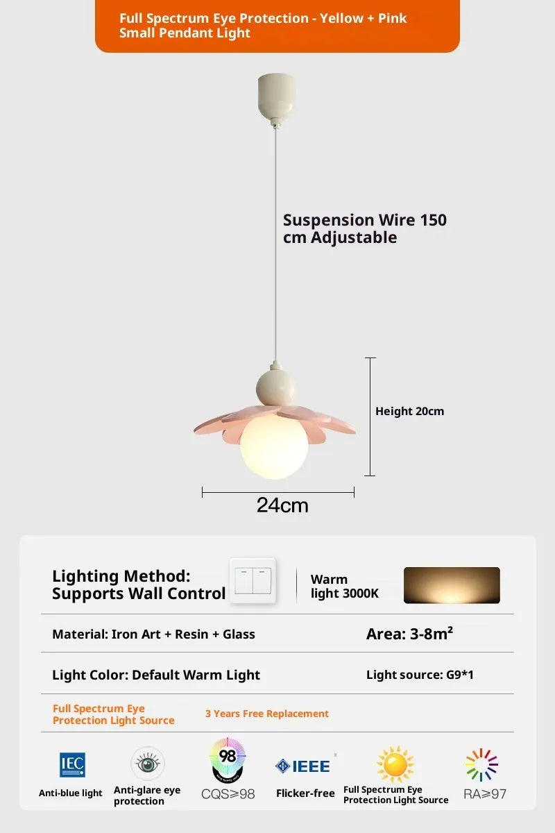 Modern minimalist cream bedside chandelier with Full Spectrum warm and tricolor light options, pink colour finish