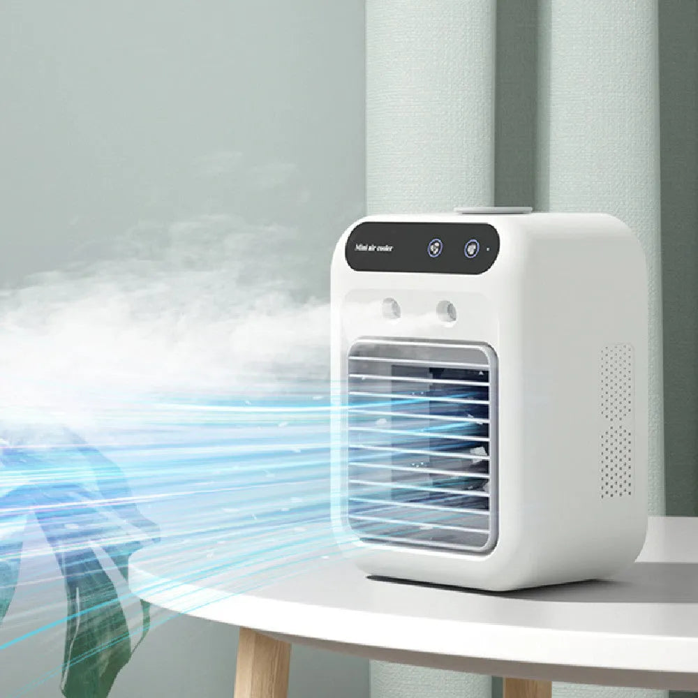 Ivory white portable air cooler with touchscreen panel and USB cable on a desk