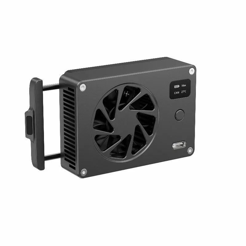 Black aluminium alloy computer radiator with cooling fan measuring 89mm by 52mm by 25.95mm