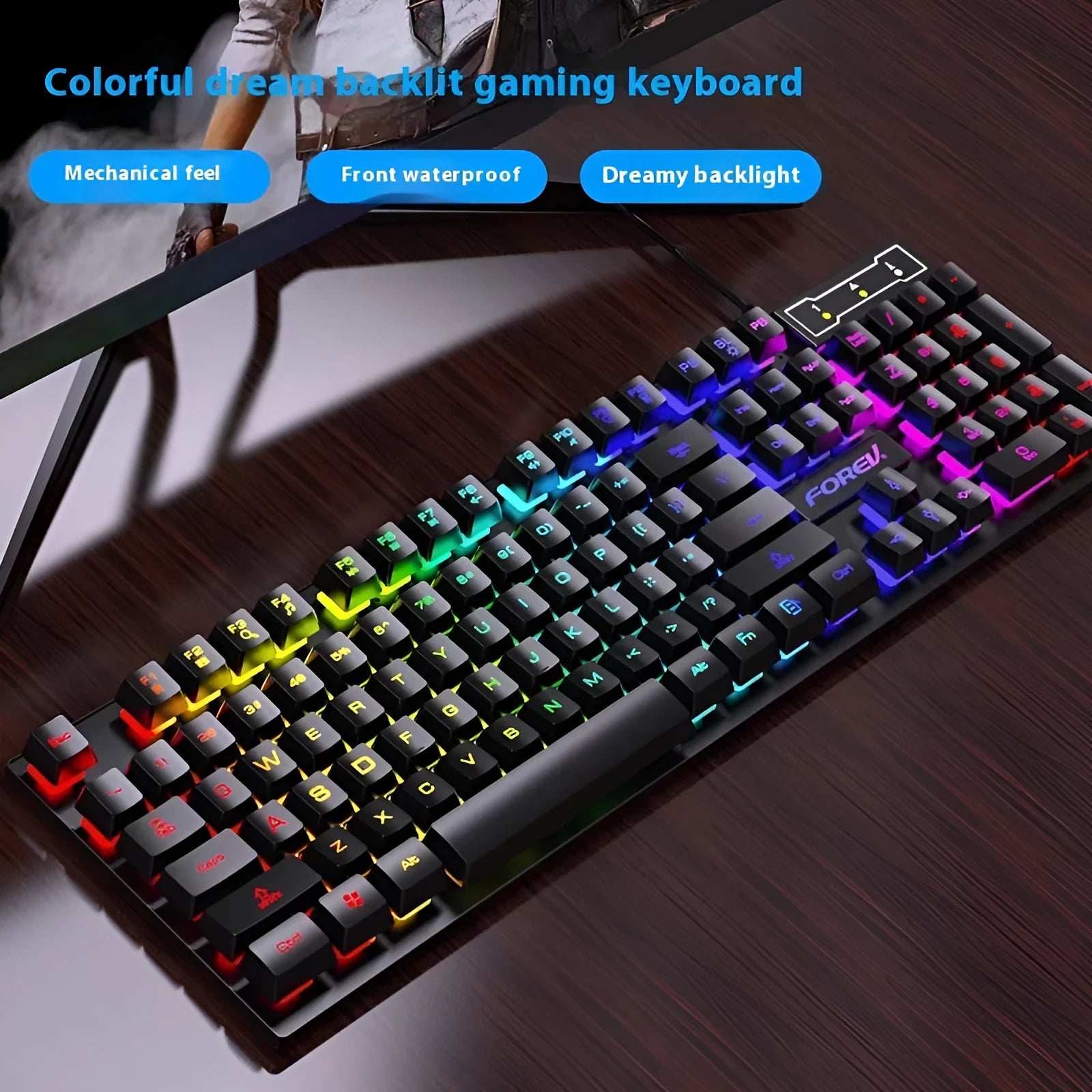 Black 104-key backlit gaming keyboard with mouse bundle on desk
