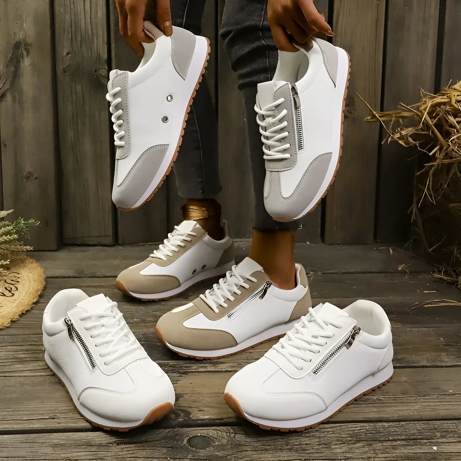 Women's flat-heeled shoes in grey, white and Champagne colours with artificial PU upper and rubber sole.