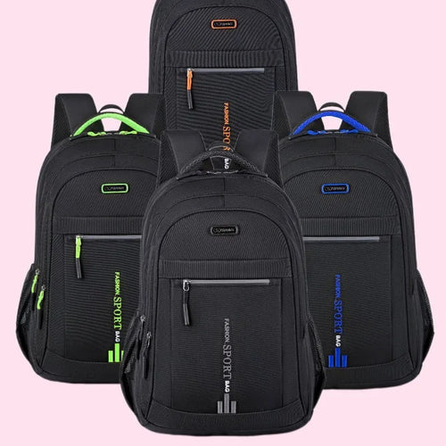 Blue business travel backpack with airpillow straps and sewing line detail on Oxford cloth.