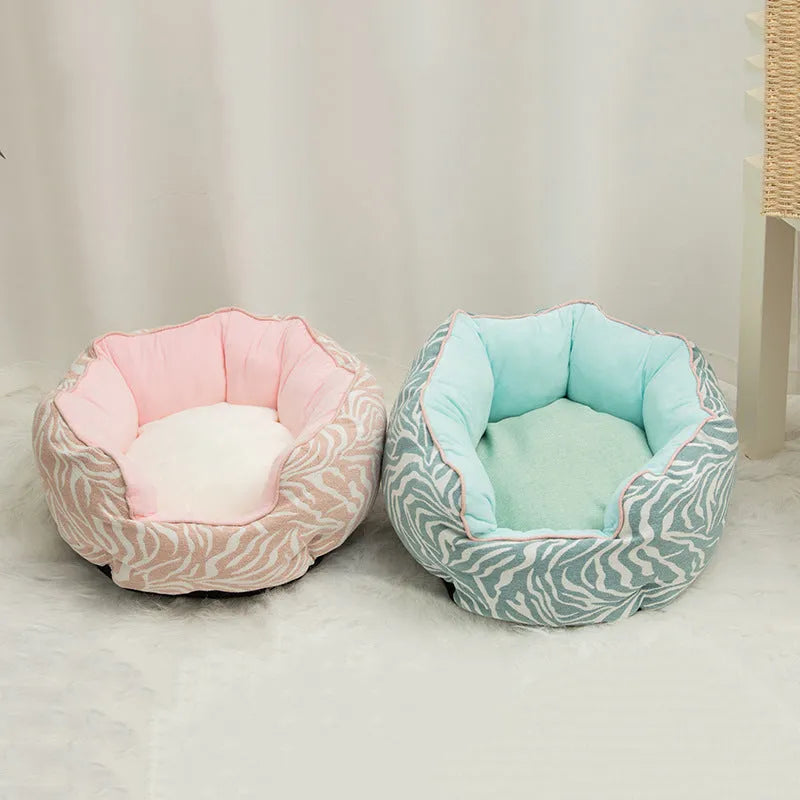 Octagonal pet bed with removable mats in blue colour with soft wool point design