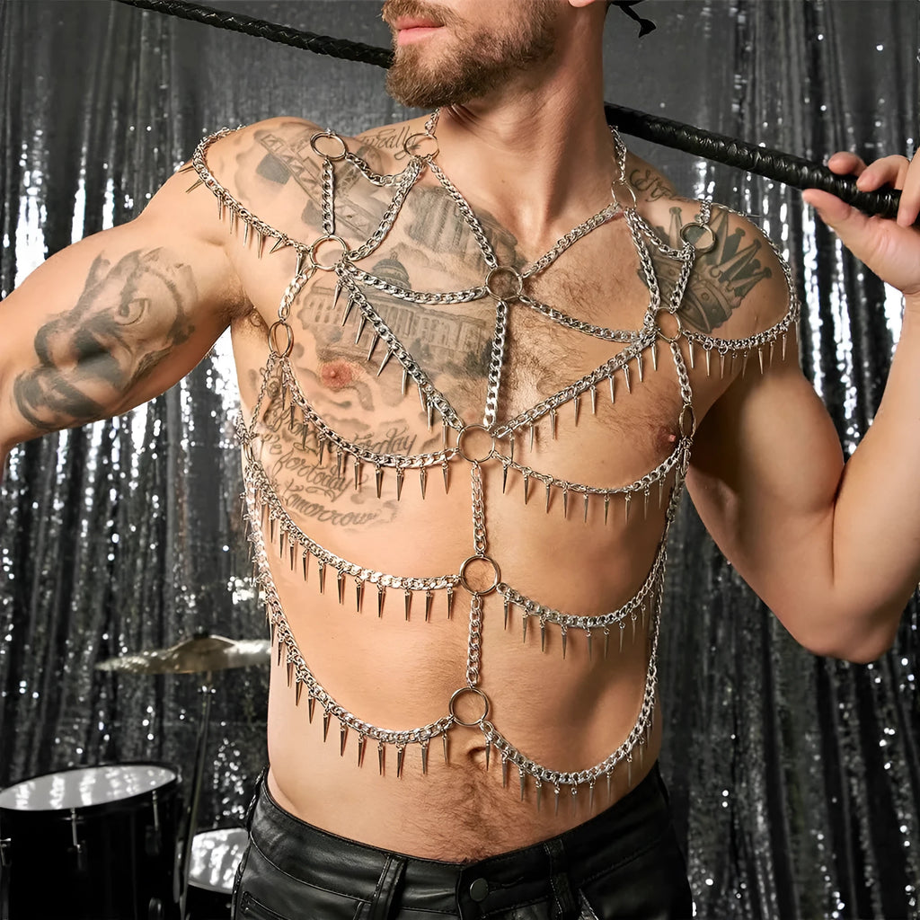 Men's silver aluminium alloy multi-layer tassel body chain, loose street style, sizes S M L