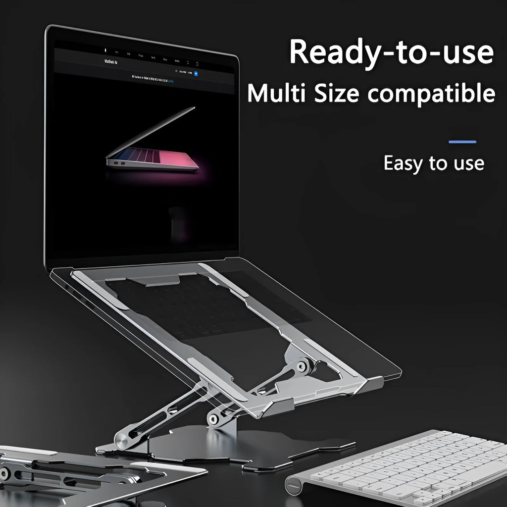 Grey adjustable aluminium laptop stand holding a silver laptop, shown in a folded and unfolded position.