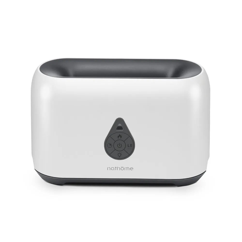 Mini remote control flame diffuser air humidifier in white with USB cable, round plastic shape
