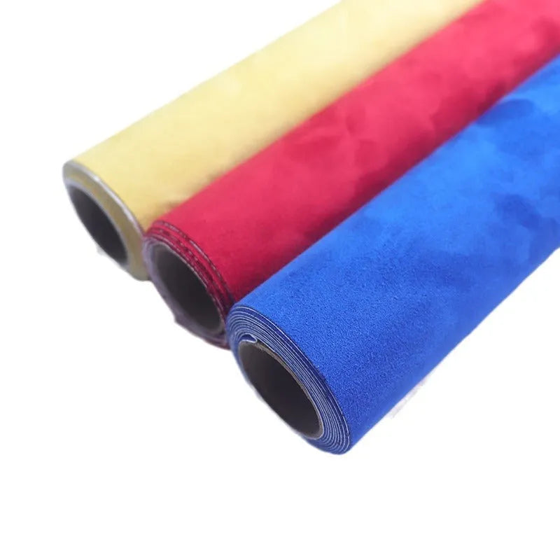 Rolls of self-adhesive leather suede in various colours including black, brown, blue, and red for DIY modification.