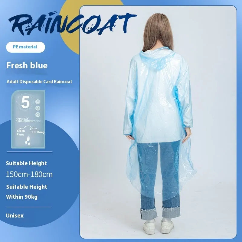 Disposable long full-body raincoat on a portable card, shown in purple, with adult and children size options.