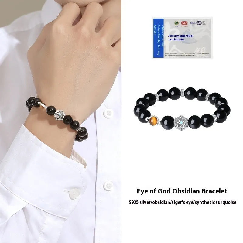 Men's sterling silver bracelet with obsidian god's eye geometric design