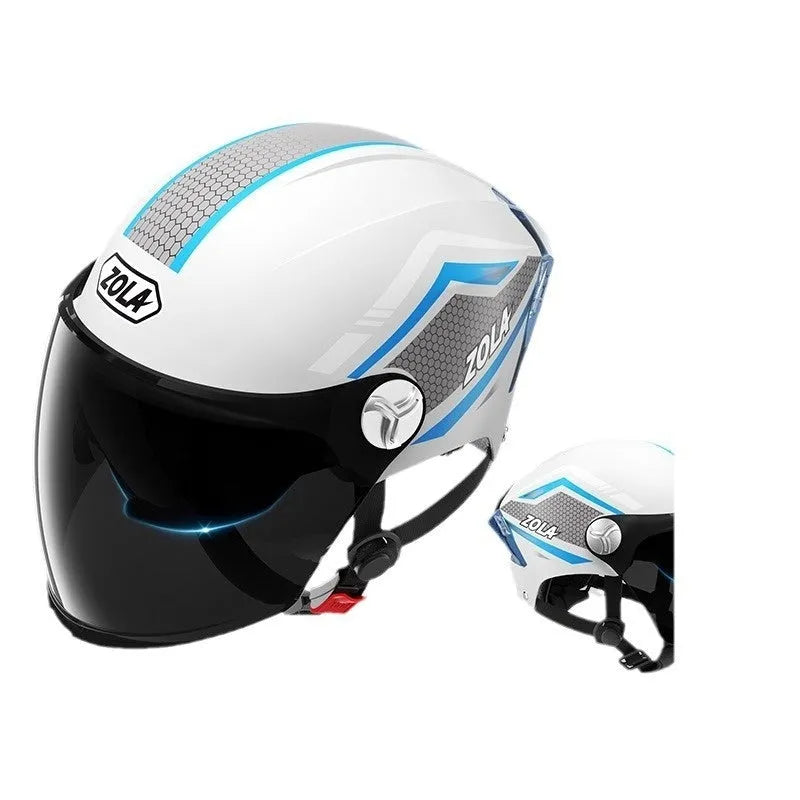 3C certified motorcycle half helmet showing integrated sun visor and dual anti-fog mirrors on a swivel mount.