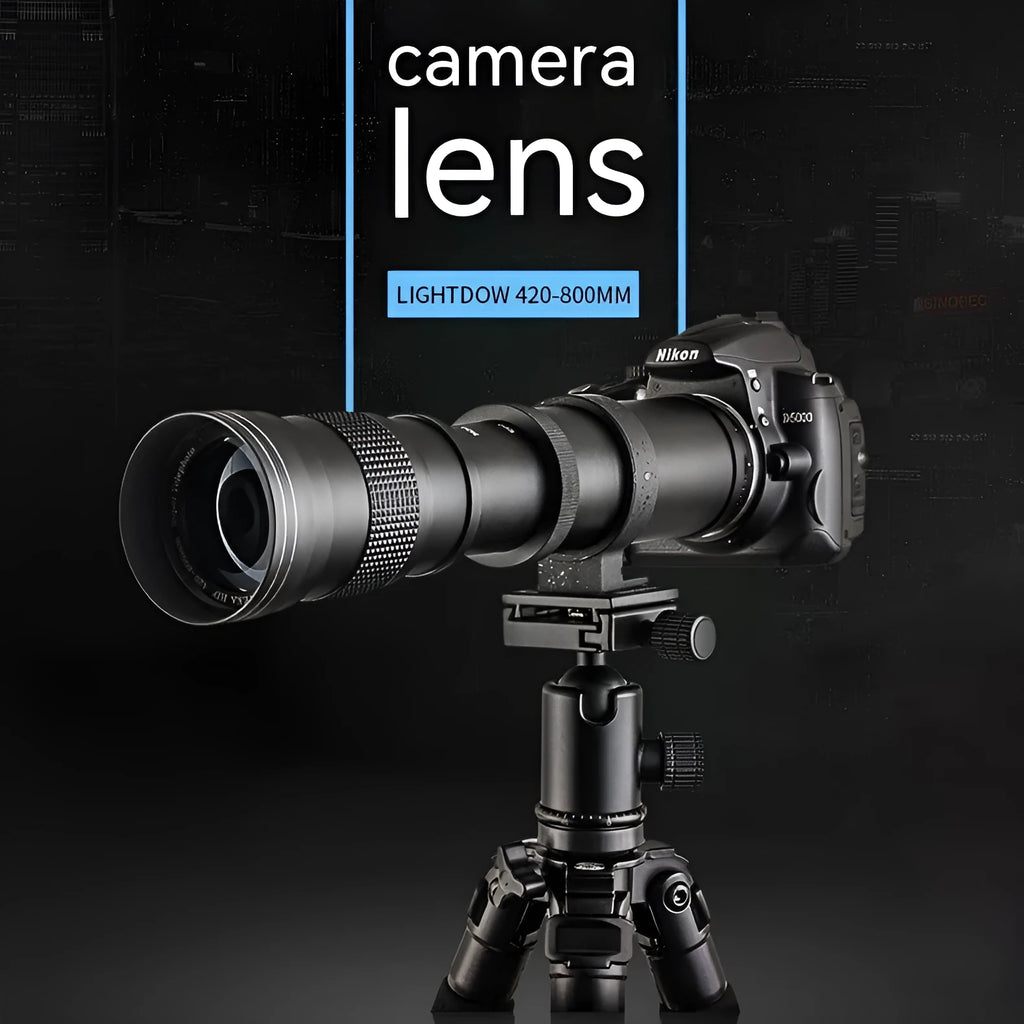 420-800mm manual telephoto zoom lens adapter with T-mount for DSLR cameras showing extended zoom position