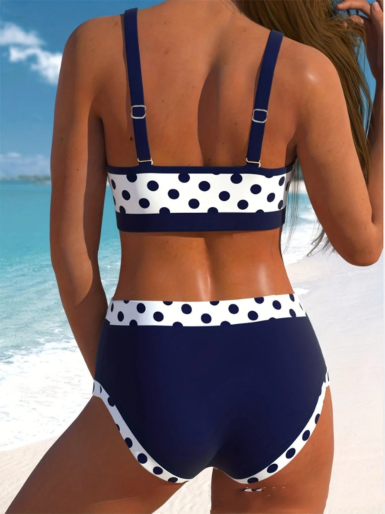 Multicolour dot pattern split bikini set with conservative boxer briefs