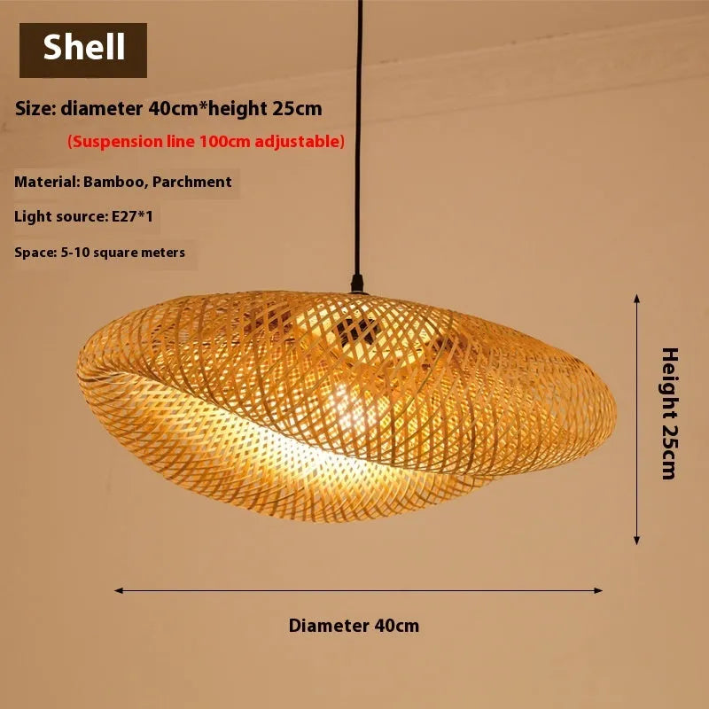 40cm diameter bamboo chandelier with natural rattan shell for Chinese Zen tea room lighting