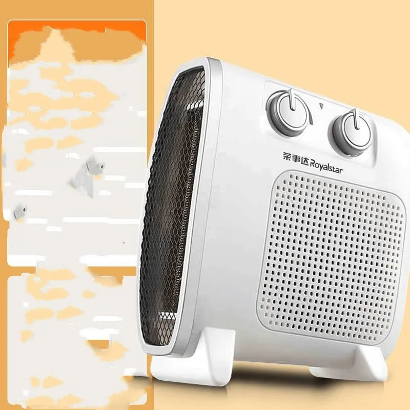 White and black gold portable electric ceramic fan heater with control dials on top.