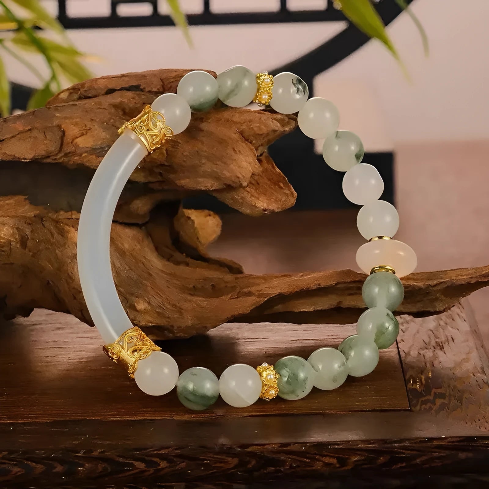 Emerald green Tian Shan Cui women's bracelet with floating flower girl design and round elements