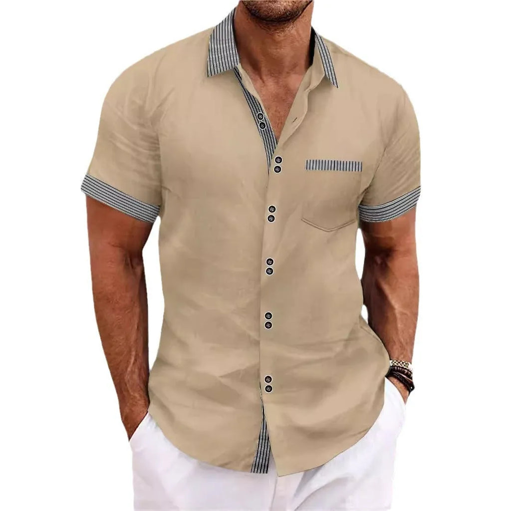 Men's slim fit striped short sleeve casual shirt in pure cotton on a hanger, showing double button detail.