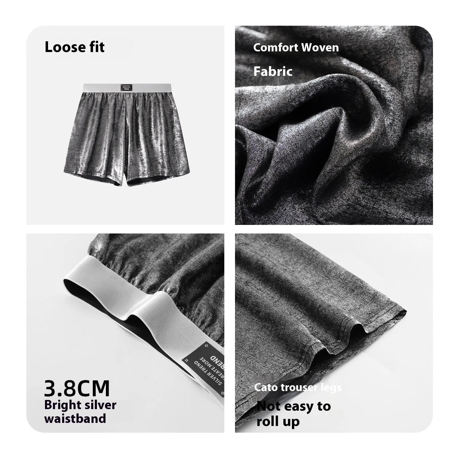 Men's Galaxy Reflective Bright Silver woven polyester underwear in mid-waist loose fit showing four colour options