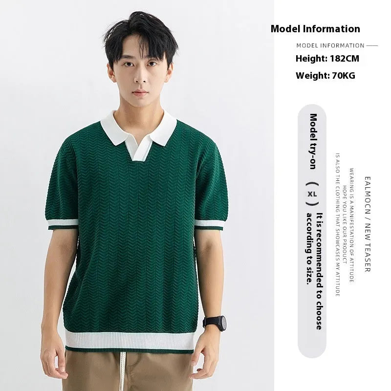 Men's ice silk striped polo shirt, short sleeve, slit detail, dark green camel black white, sizes M-3XL