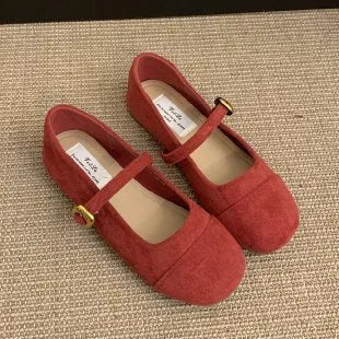 Low-cut French vintage Mary Jane flat shoes in suede-effect canvas, apricot colour, on a neutral background
