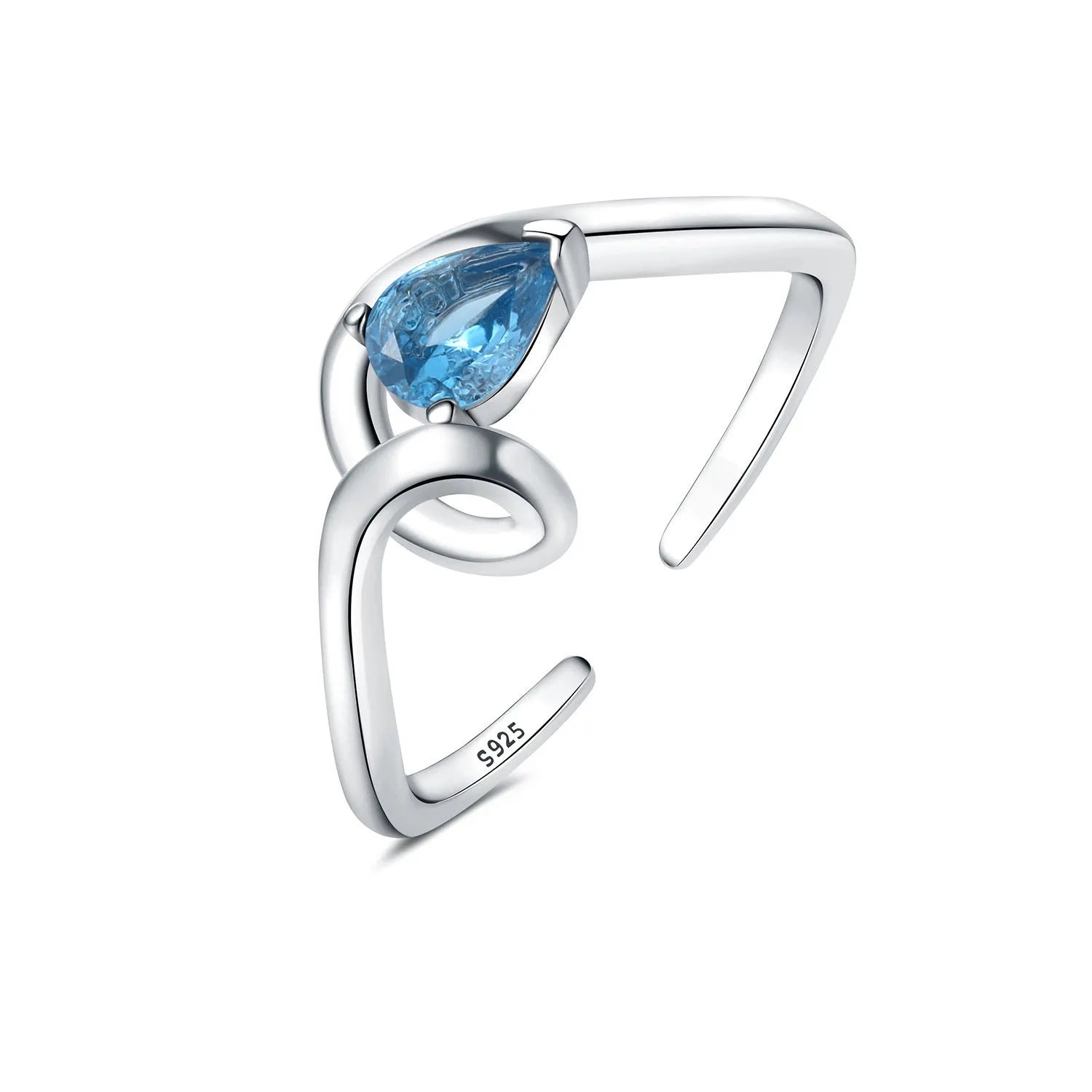 S925 sterling silver open-end ring with curve inlaid blue zircon stone and fold design on a white background