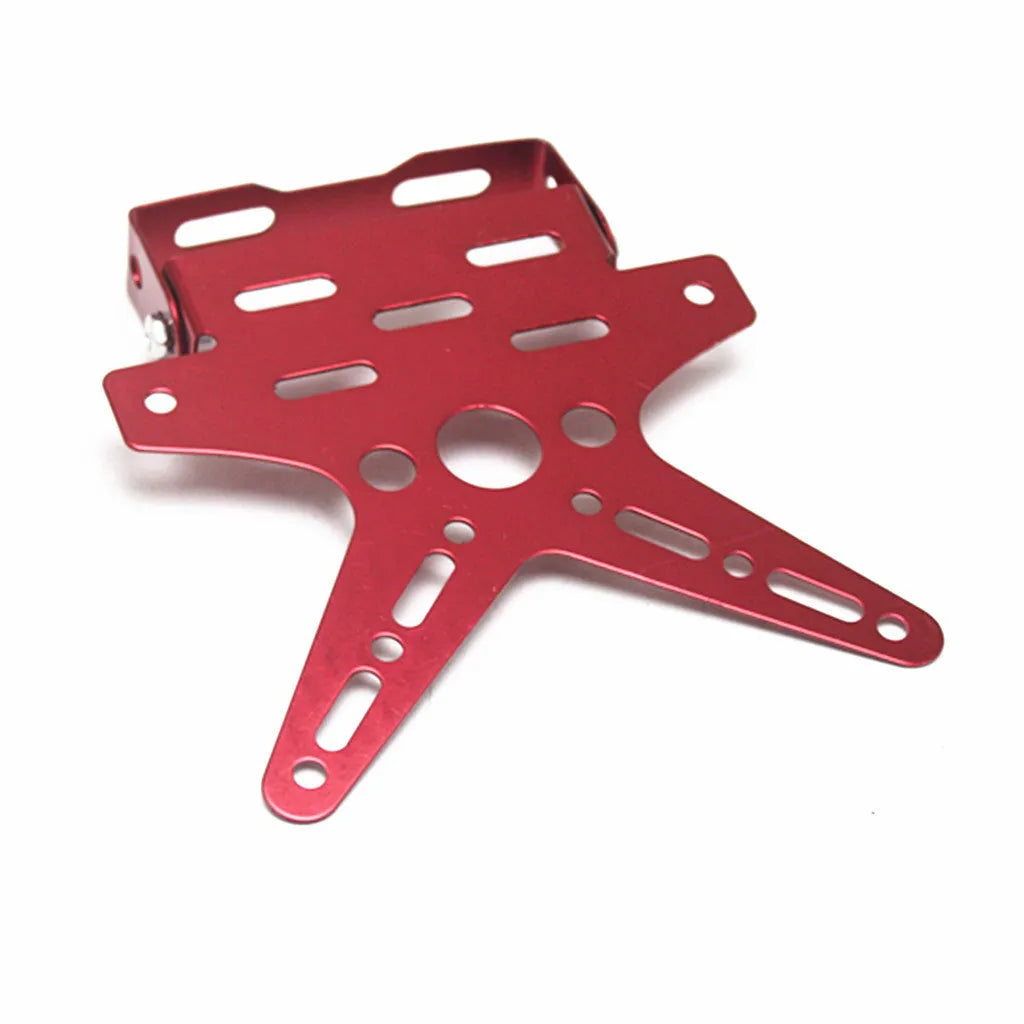 Aluminium alloy bat-shaped motorcycle licence plate frame in black with adjustable angle on rear of bike