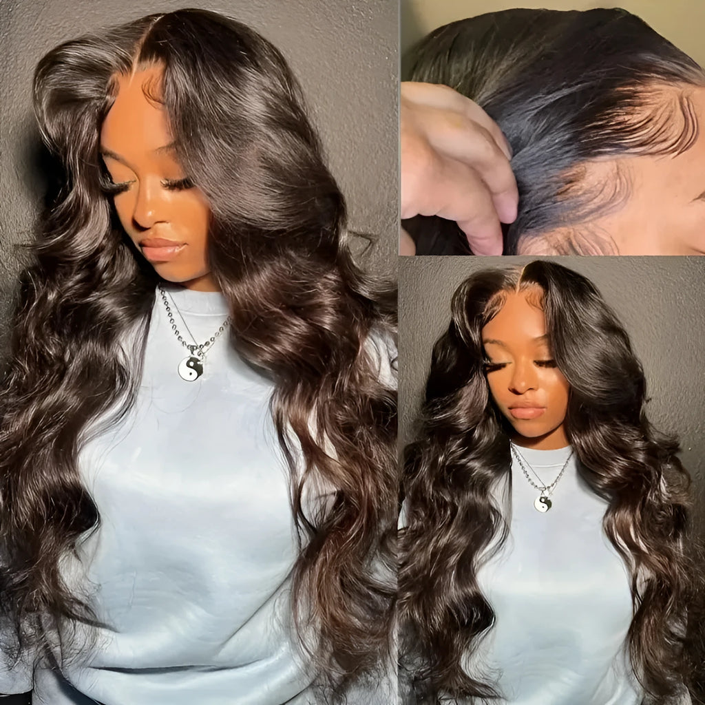Women's dark brown long curly front lace wig with side bangs, shown on a model.