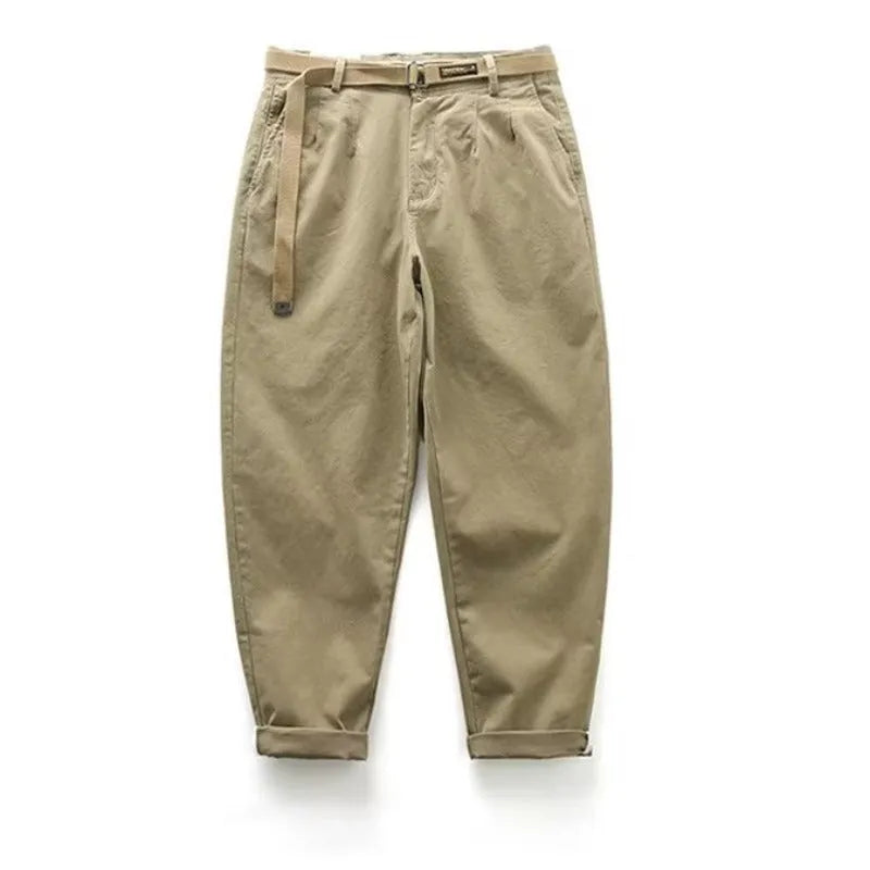 Men's Japanese leisure overalls straight loose fit cotton blend trousers in khaki with belt