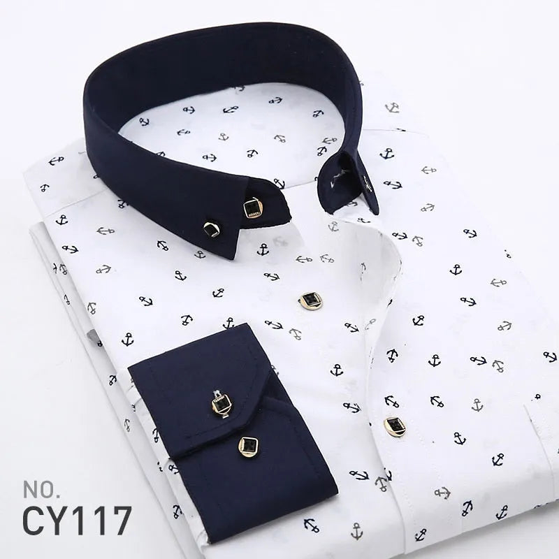 Men's slim-fit printed long-sleeved cardigan shirt in plaid and graphic colourways, Asian sizes 38-44