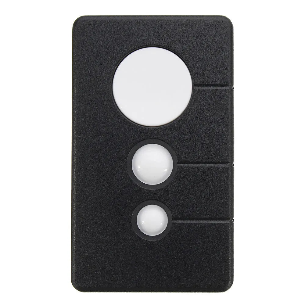 Black three-button garage door remote control compatible with Linear models, showing front button layout