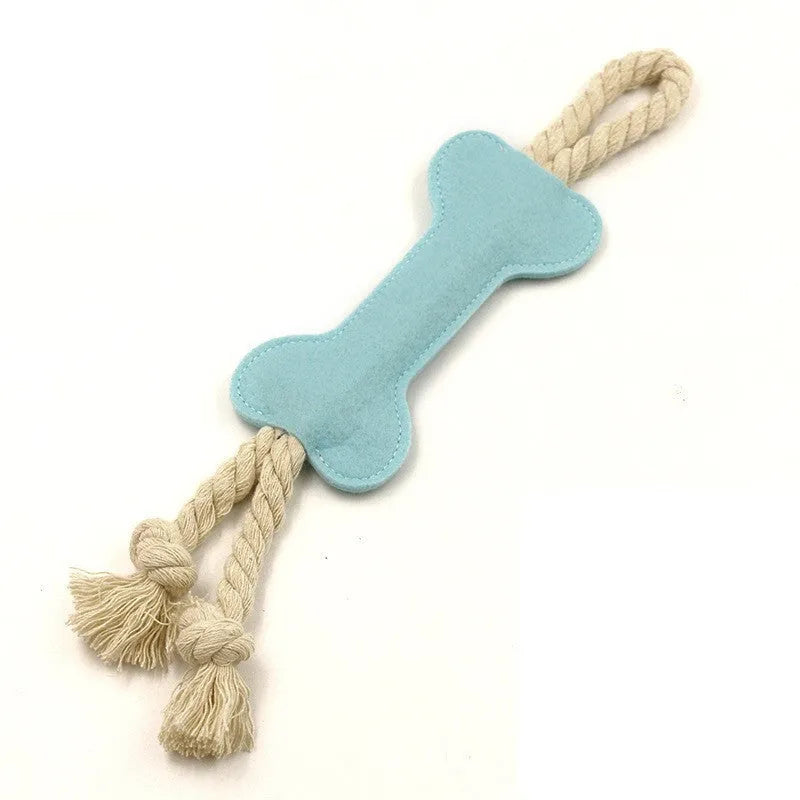 Felt bone shaped dog toy with rope knots in blue colour showing dimensions