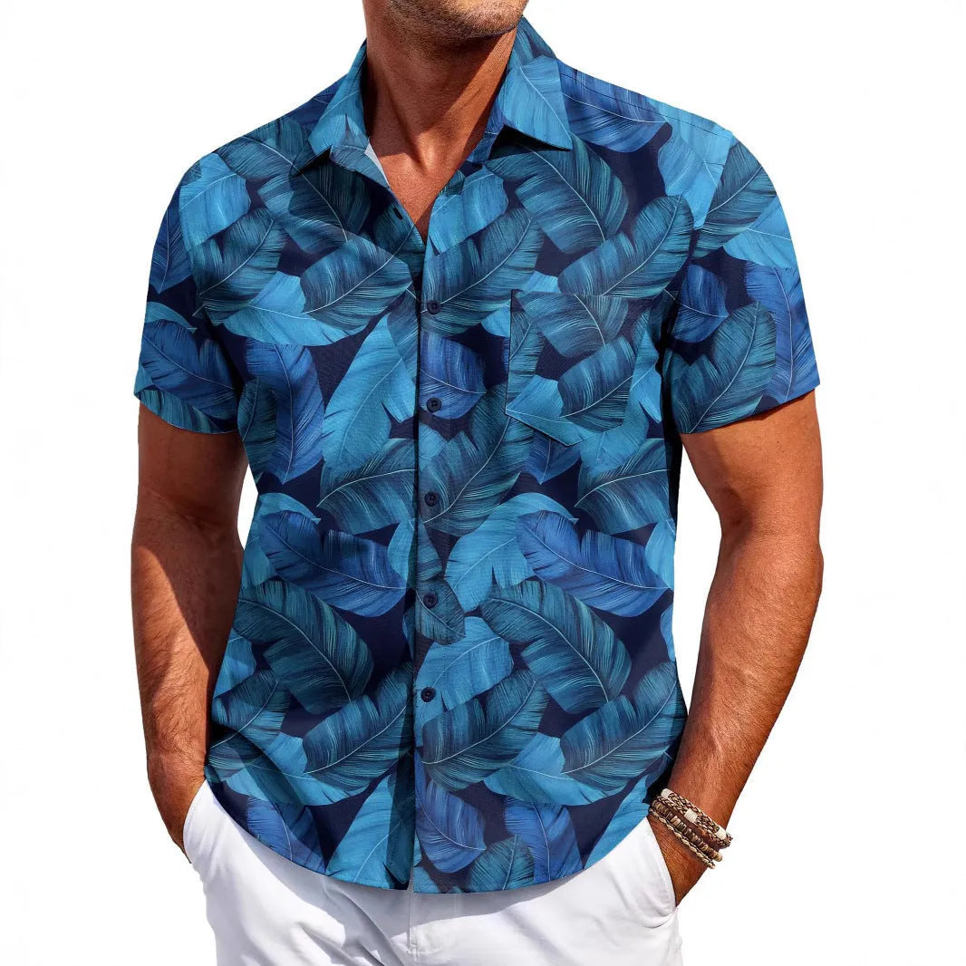 Men's slim fit Hawaiian short sleeve cardigan shirt in elastic polyester fabric on a model.