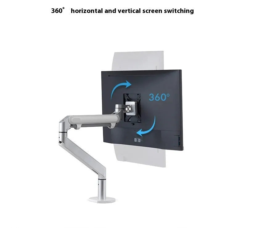 Silver aluminium laptop stand with an adjustable air-pressure arm holding a notebook