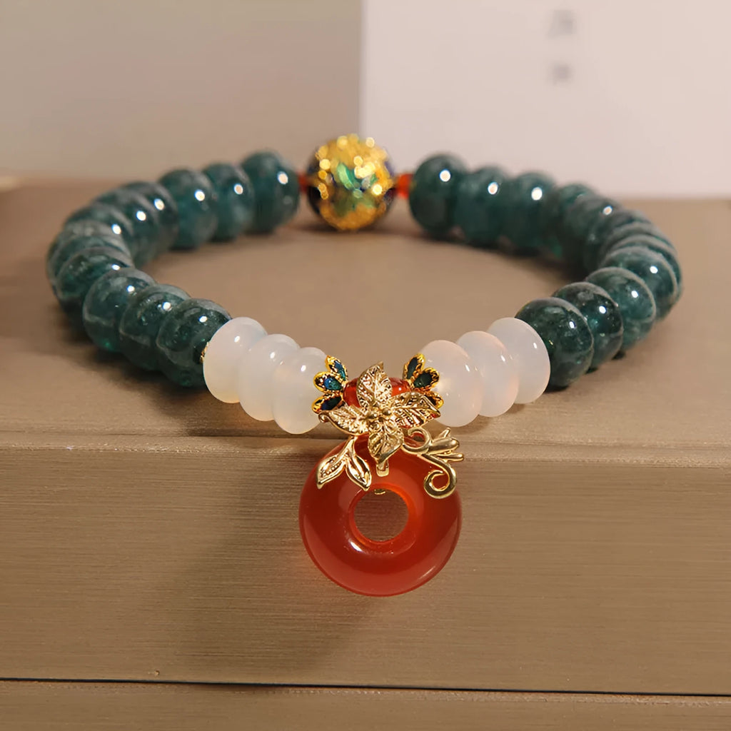 Blue water jade abacus bead bracelet with red agate peace buckle and crystal rhinestone elements