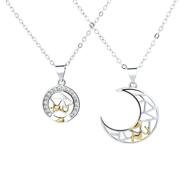 Sun moon couple necklace set with copper pendants on cross chains