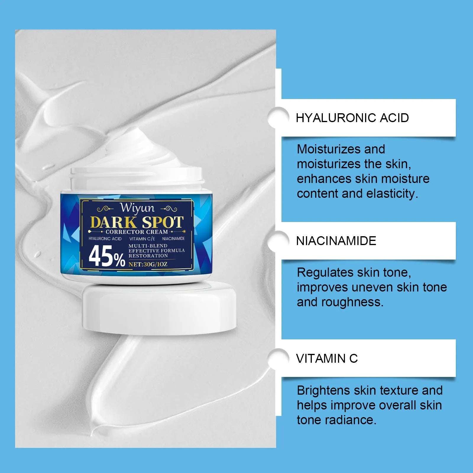 30g jar of dark spot corrector cream with vitamin C and hyaluronic acid for targeted facial treatment.