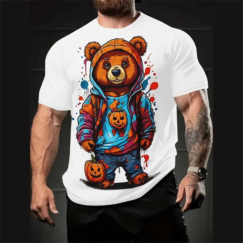 Man wearing a loose-fit grey t-shirt with a colourful 3D cartoon print on the front.