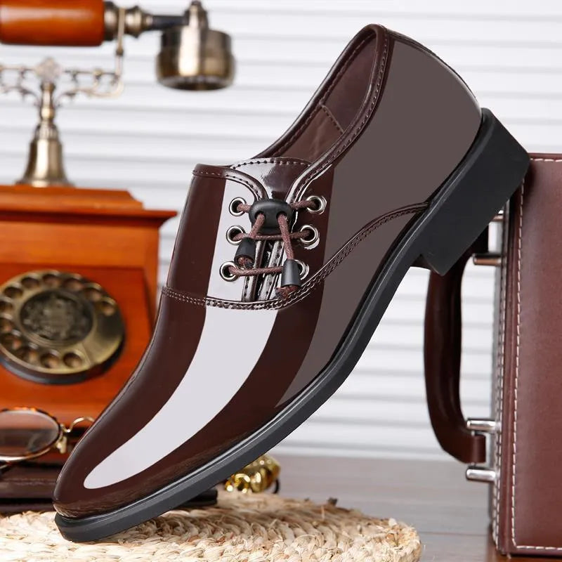 Men's black and brown formal business shoes with rubber sole and square heel