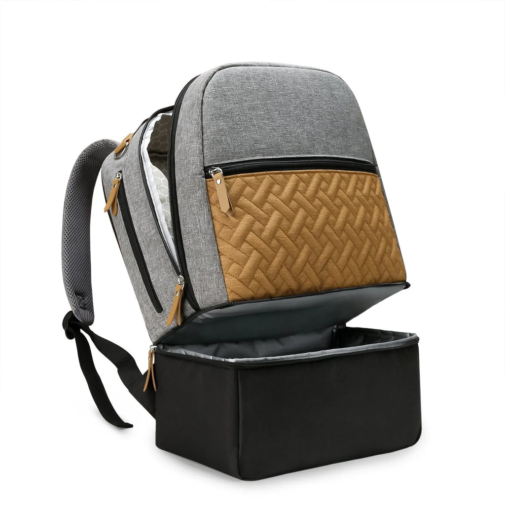 Grey insulated baby carrier backpack with curved shoulder straps and multiple compartments for mother and child travel